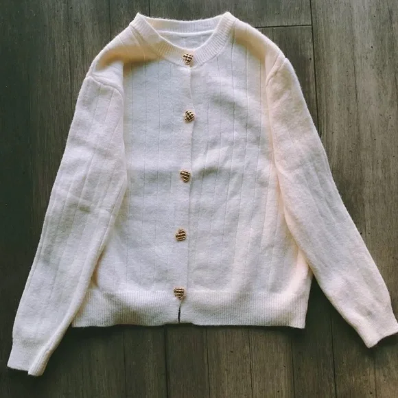 Cream cardigan sweater white heart button long sleeve womens